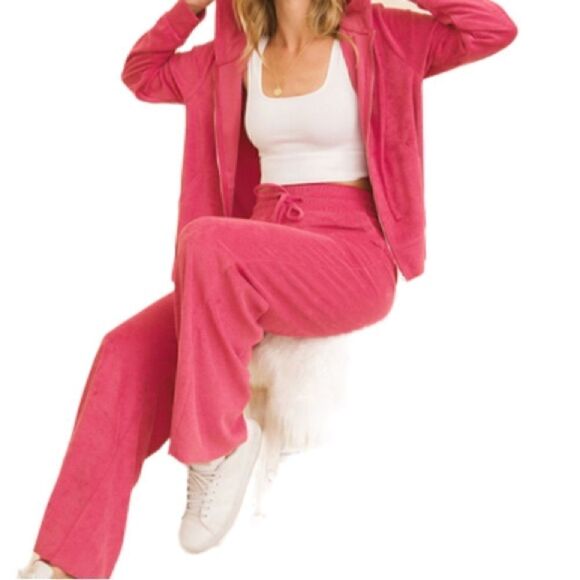 NWT LOOP TERRY ZIP UP HOODIE JACKET & PANTS SET Rose - Picture 2 of 3